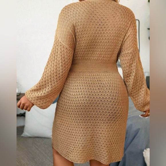 SHEIN LUNE Plus Pointelle Knit Drop Shoulder Sweater Dress, tan, size 0XL - Picture 2 of 8